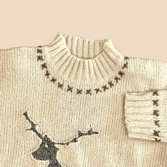 Vintage 2000 Reindeer Sweater Mock Neck Pullover Christmas Nordic Neutral Medium - Picture 4 of 7